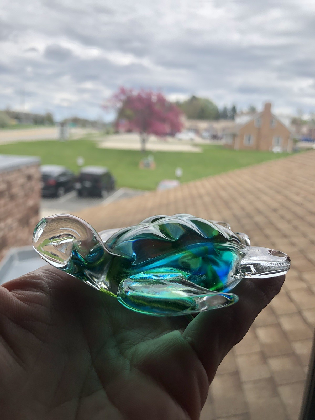 Handcrafted Blown Glass Sea Turtle Figurine Vibrant Blue Green Shell 4”