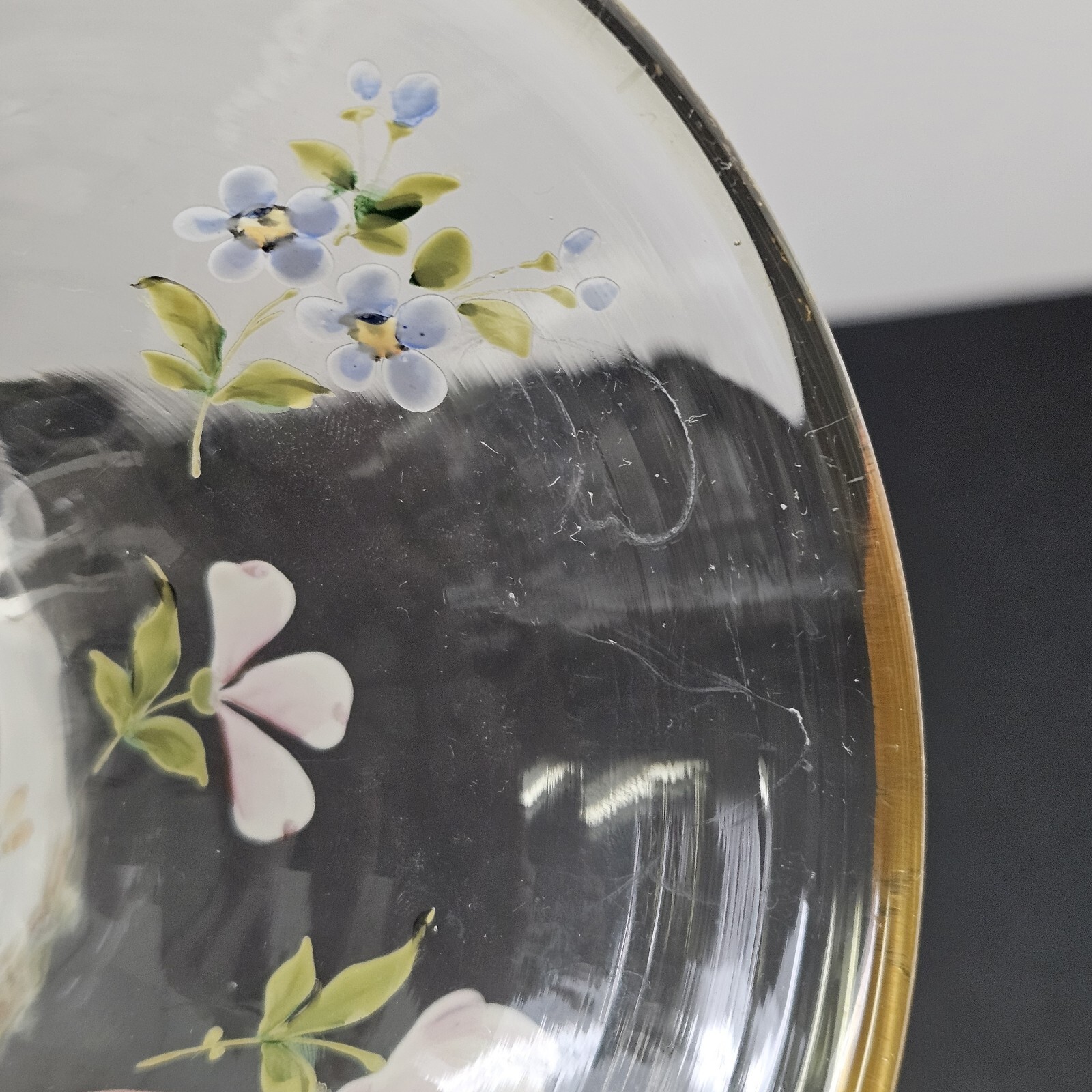 VTG French Style Hand Painted Enamel Flowers Glass Vase Victorian Cottagecore