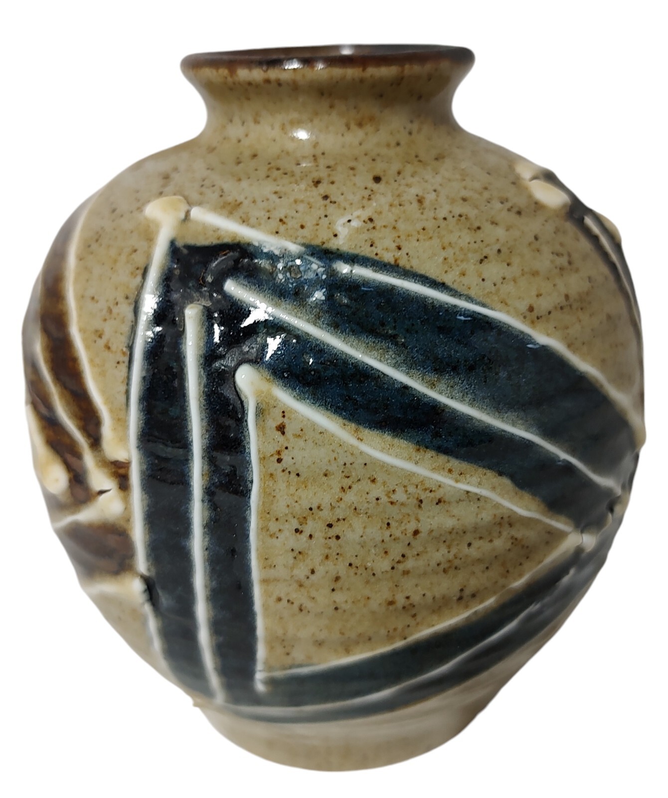 Japan Pottery Glazed Vase Brown Cream Blue Ribbed Textured Paint Five Inches