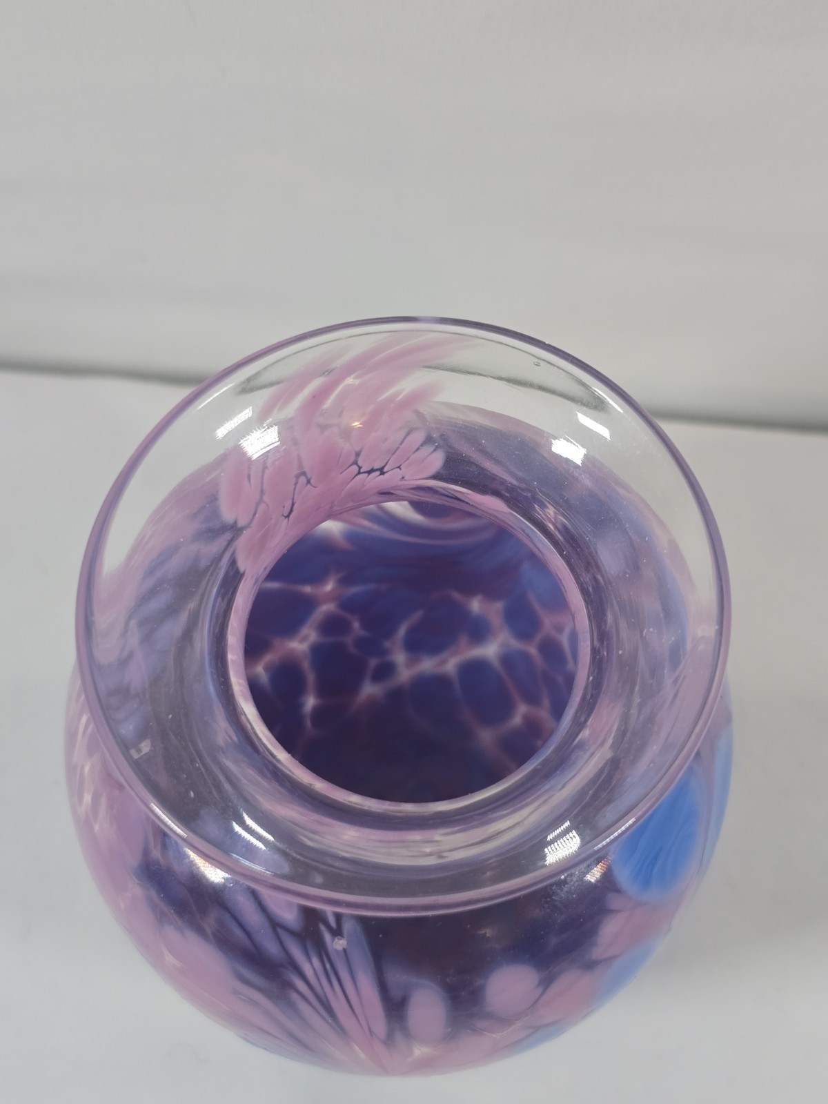 Blue Pink Swirl Studio Art Glass Vase signed by Artist glass Is 4.5″T X 2.5″W