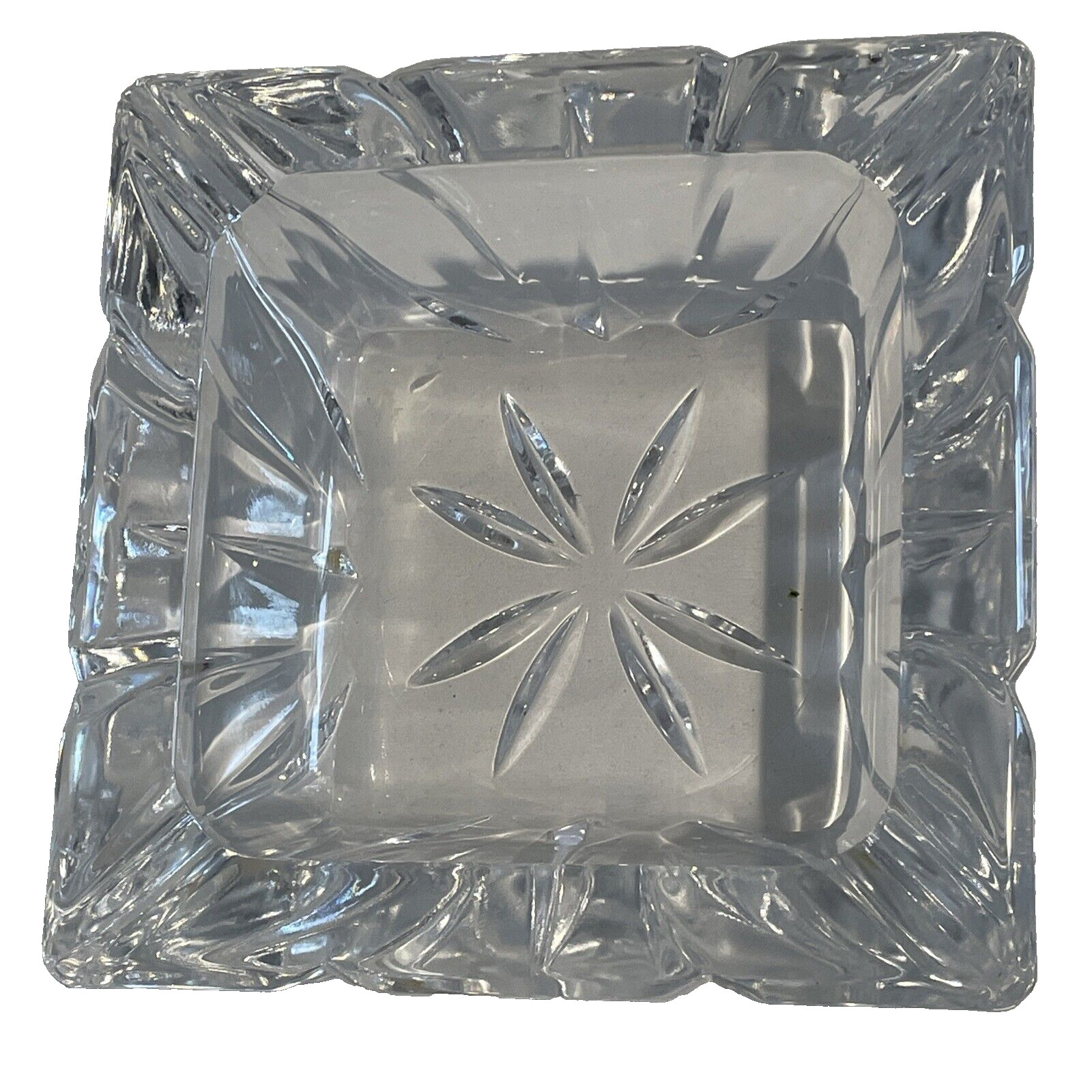 Vintage Cut Crystal Ashtray Trinket Dish Pinwheel Heavyweight Square MCM 1960s