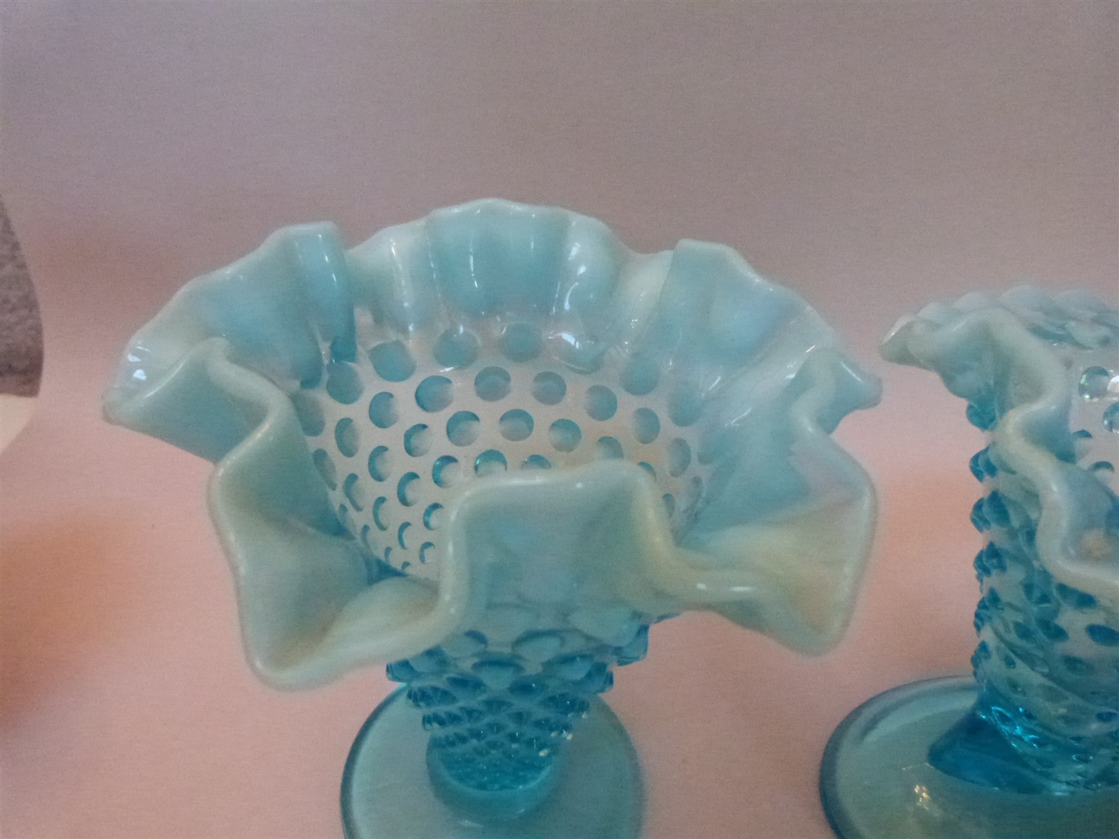 2 VTG Fenton Aqua Blue Opalescent Hobnail Art Glass Ruffle Edge Vases 5.75″