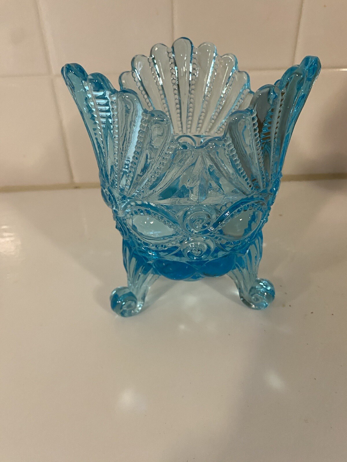 Mosser Aqua Blue Glass 3 Footed Eyewinker Eye Winker Pattern Spooner Vase