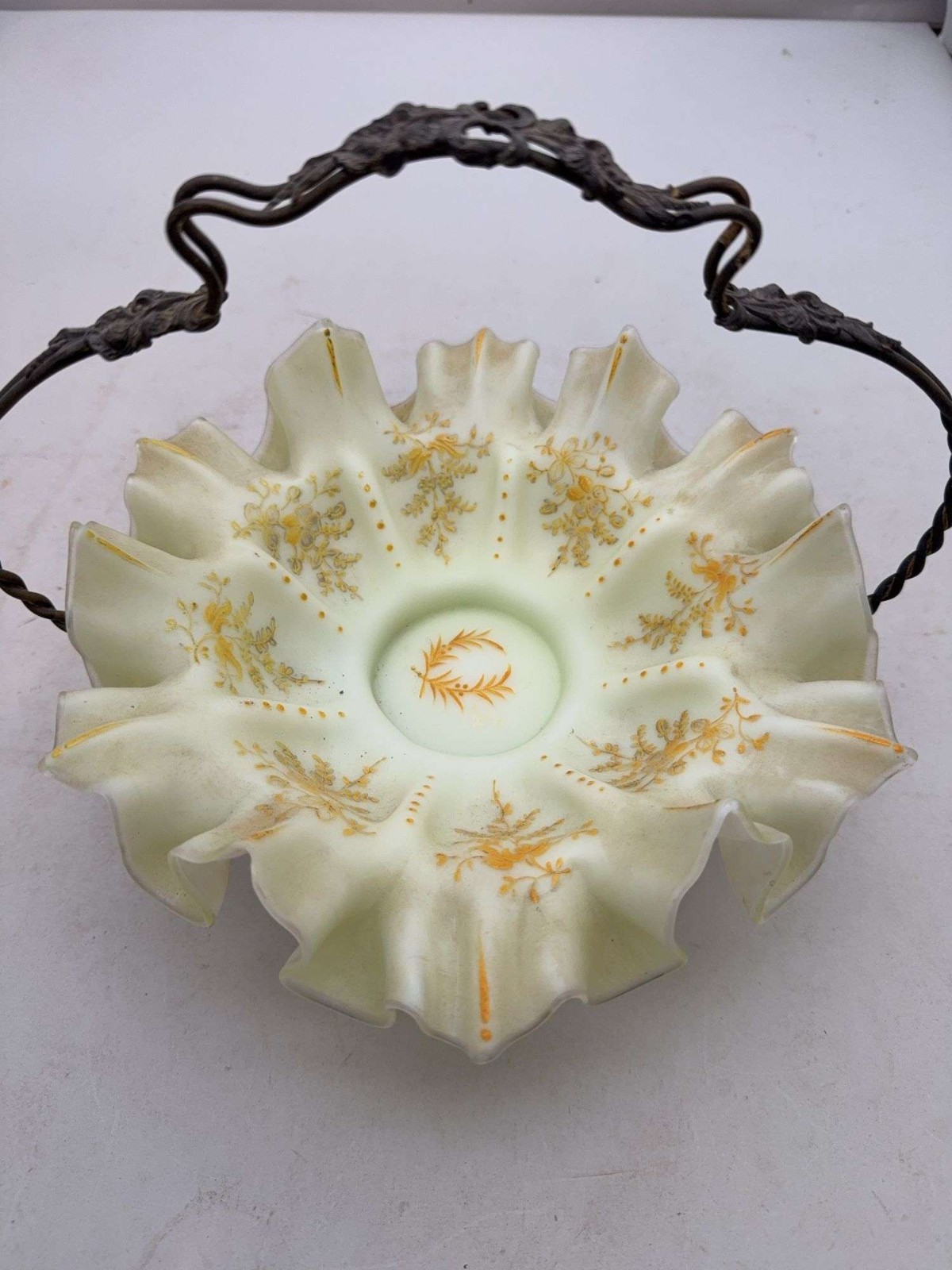 Antique Victorian Uranium Custard Bridal Basket Ruffle Edge Glows