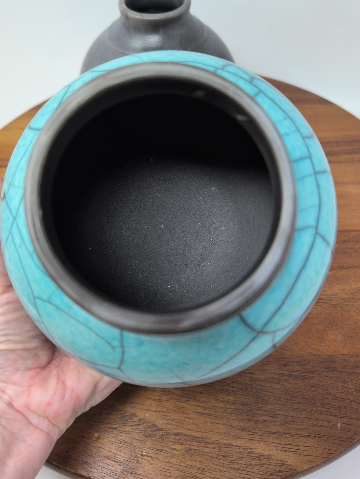 Lot Of 2 Raku Studio Pottery Signed 1 Turquoise 1 Crackle Gray