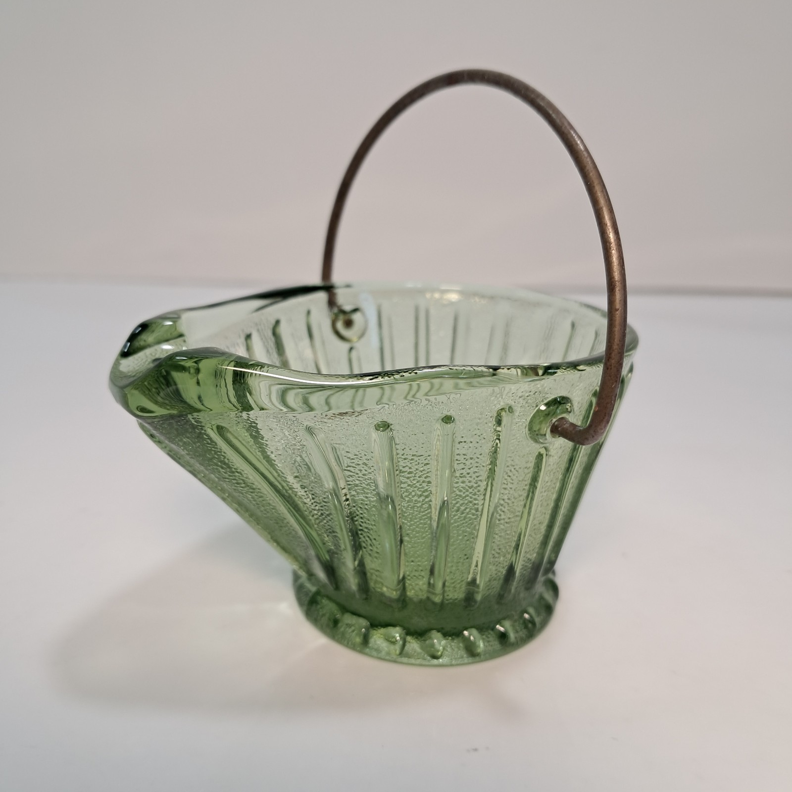 Vintage Green Glass Coal Bucket W/Metal Handle By Continental Can Company