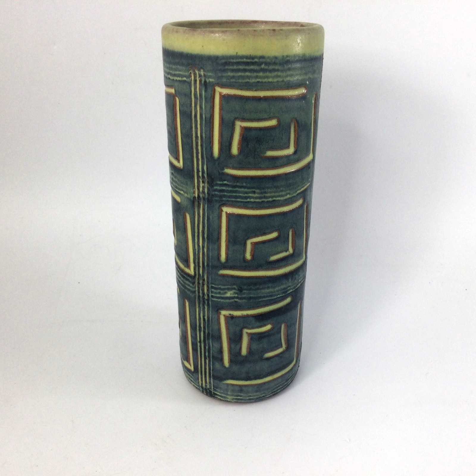 MCM Ceramic Vase Hal Lasky Puerto Rico Pottery Geometric Design Green 7″