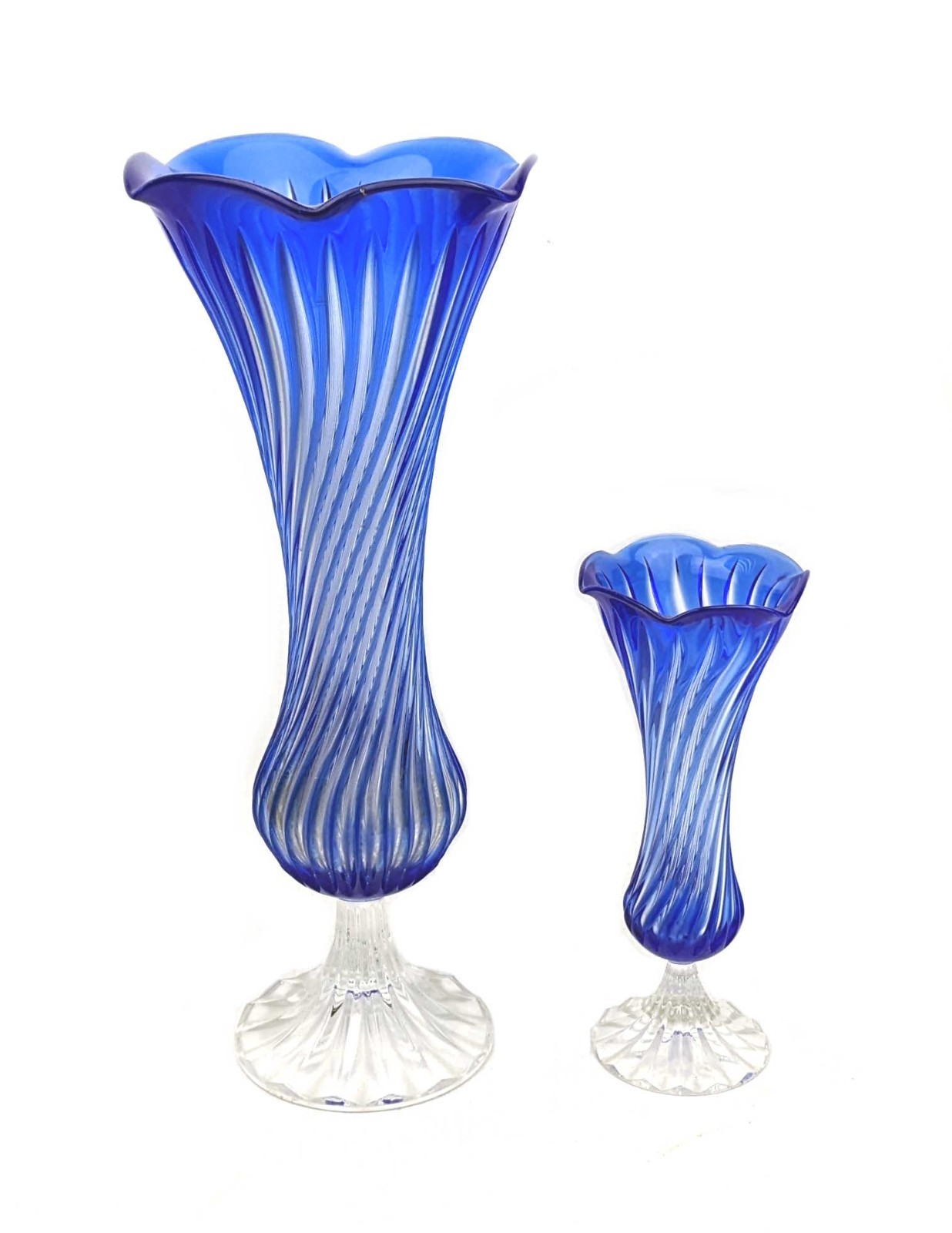 VTG Pair Cristal D’arques Crystal Cobalt Blue Cut To Clear Pedestal Vase Swirl