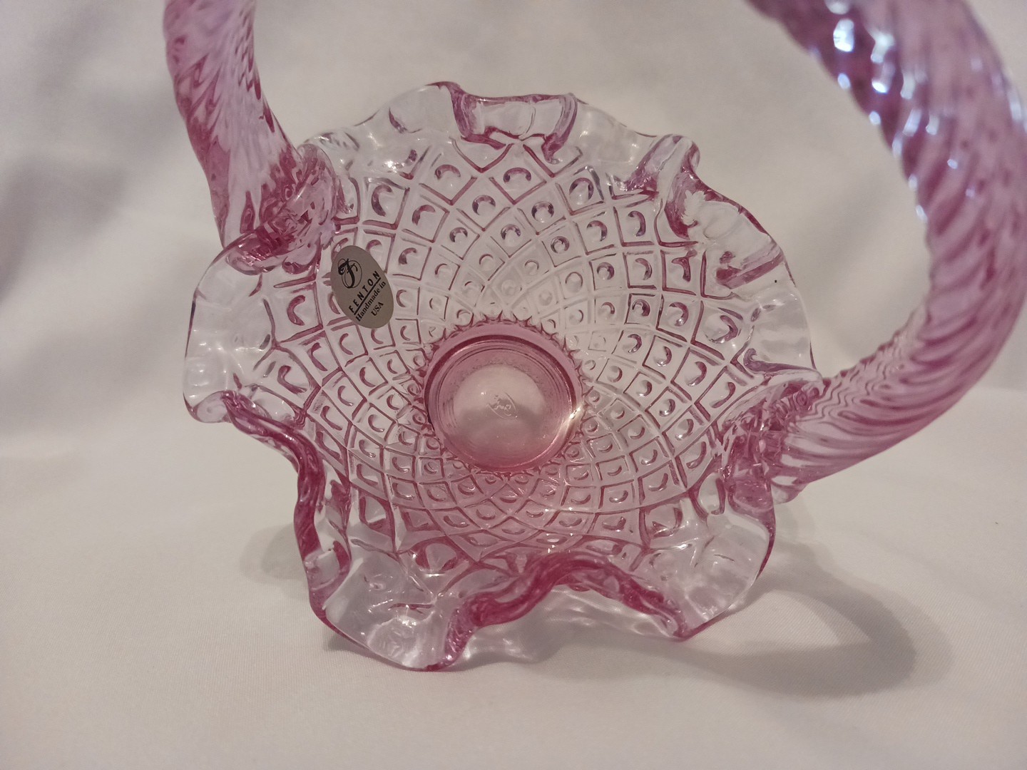 Fenton Art Glass Pressed Pink Diamond Dot Hobnail Pattern Basket with Handle 6″