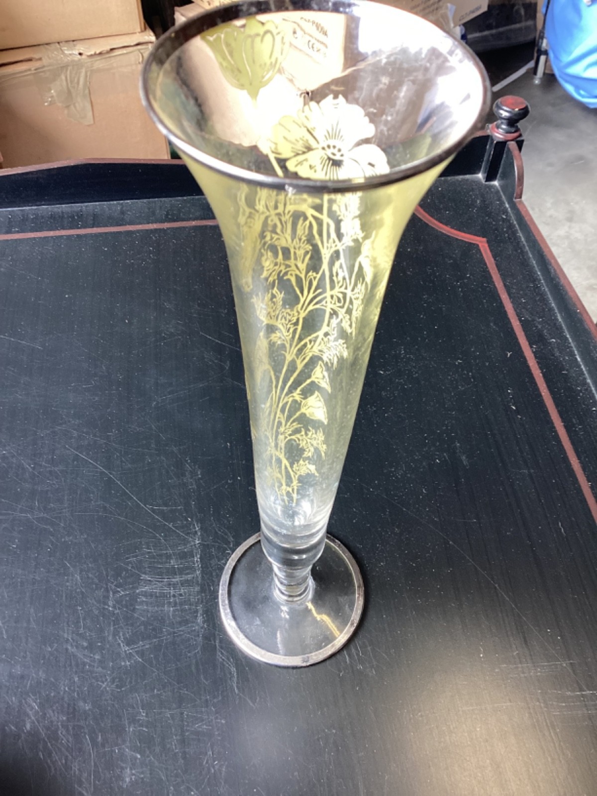 10″ Clear Glass Vase Silver Overlay Bud Vase Good Condition