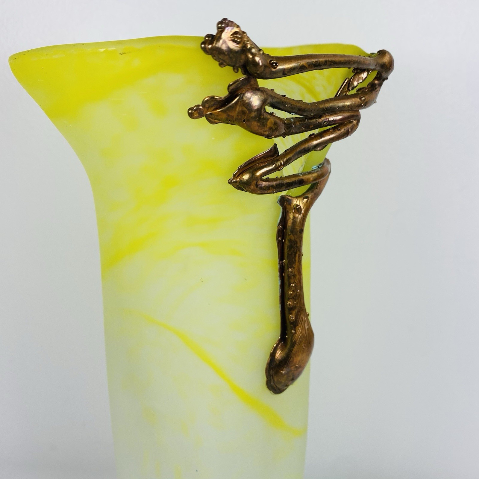 Filip Ravert Style Romblast Frosted Yellow Vase Applied Bronze Into Rim Romania