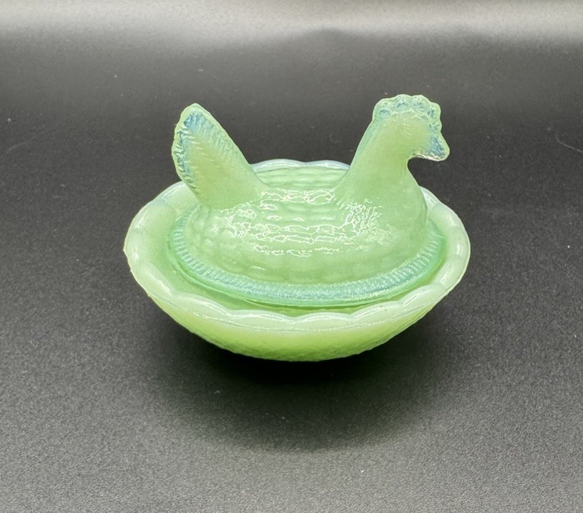 Vintage Hen on Nest Mini Jadeite Green Glass Salt Cellar Cottagecore
