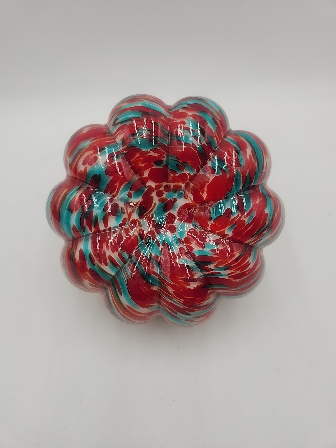 Hand Blown Studio Crafted Orange & Aqua Striped Amber Glass Pumpkin 5.5″
