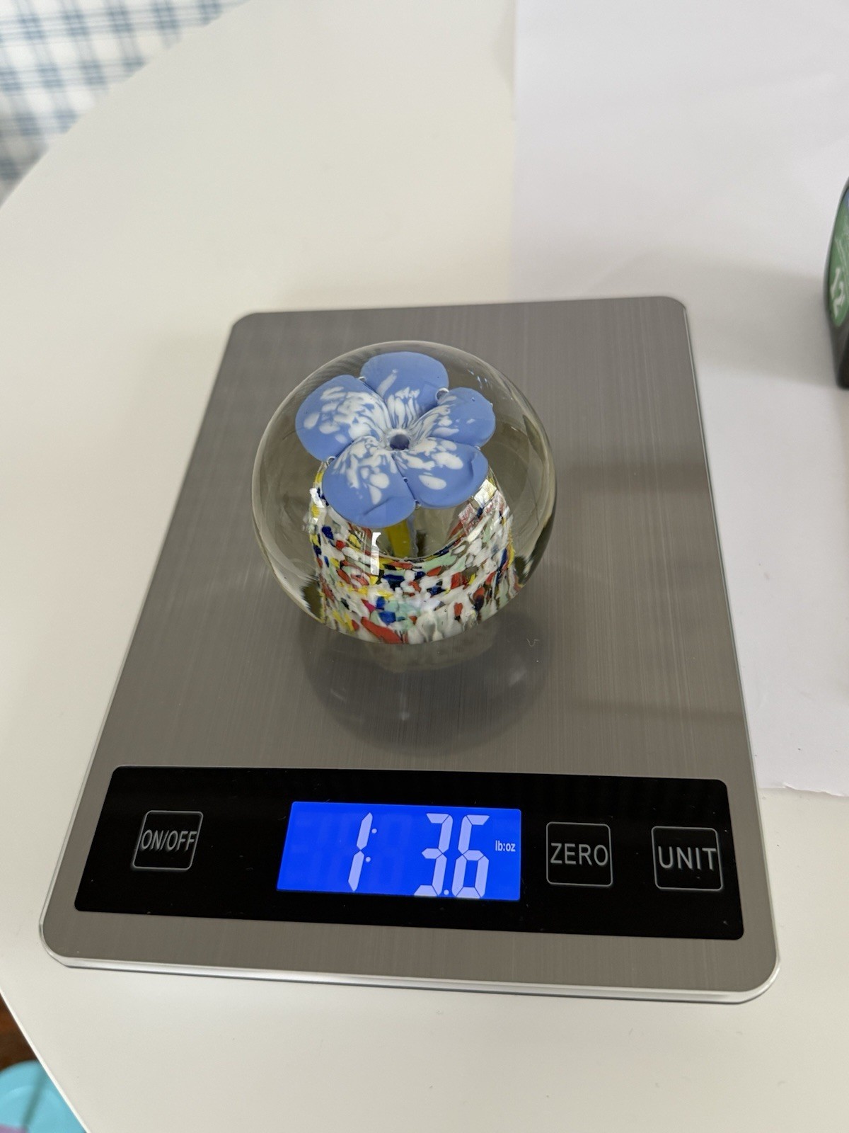 Art Glass Paperweight Blown Abstract Blue Floral Colorful Confetti 1.3 Pounds