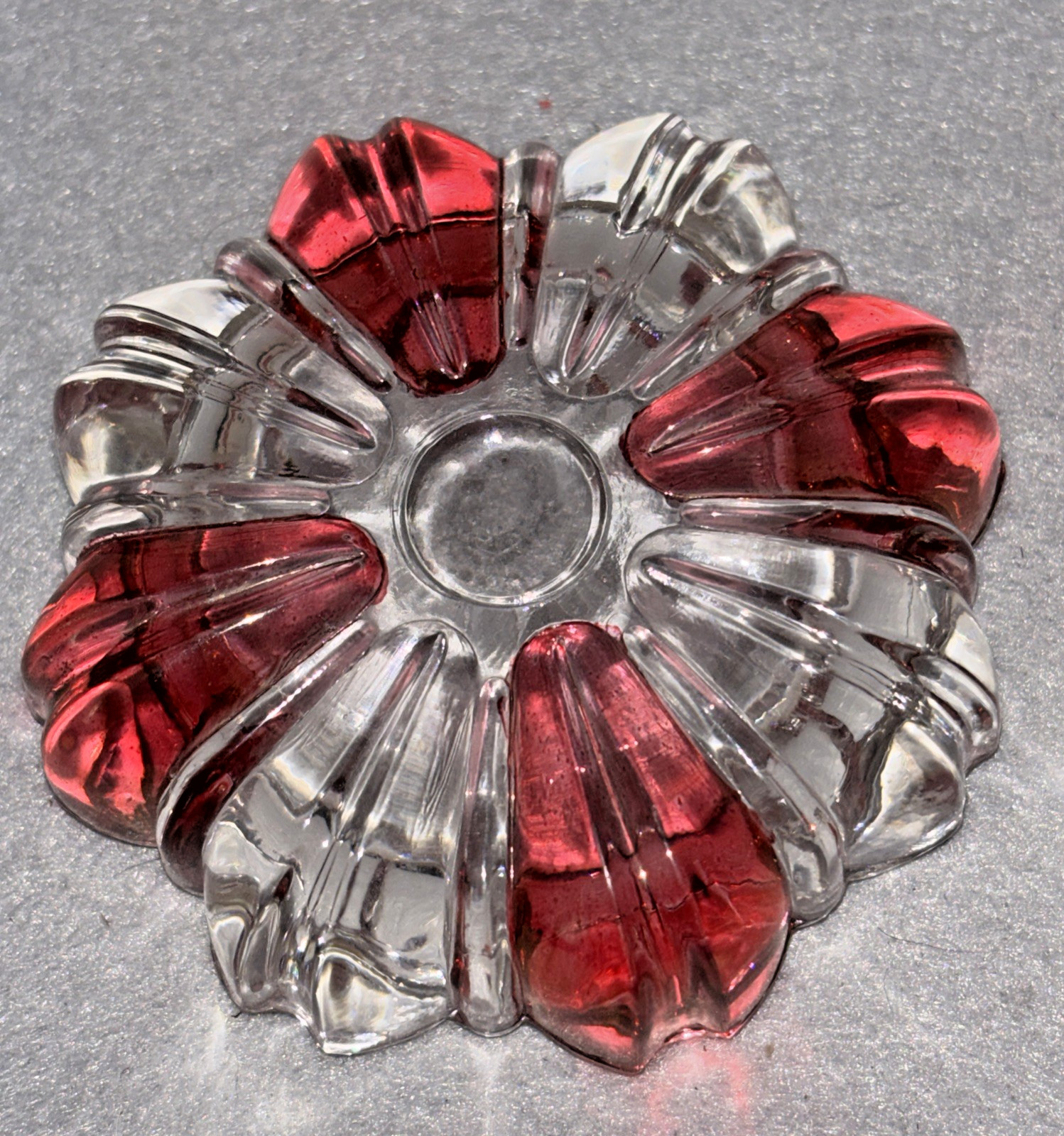 3 Cranberry Ruby Red Flash Clear Striped Peppermint Ashtrays RARE 3 Inch Size