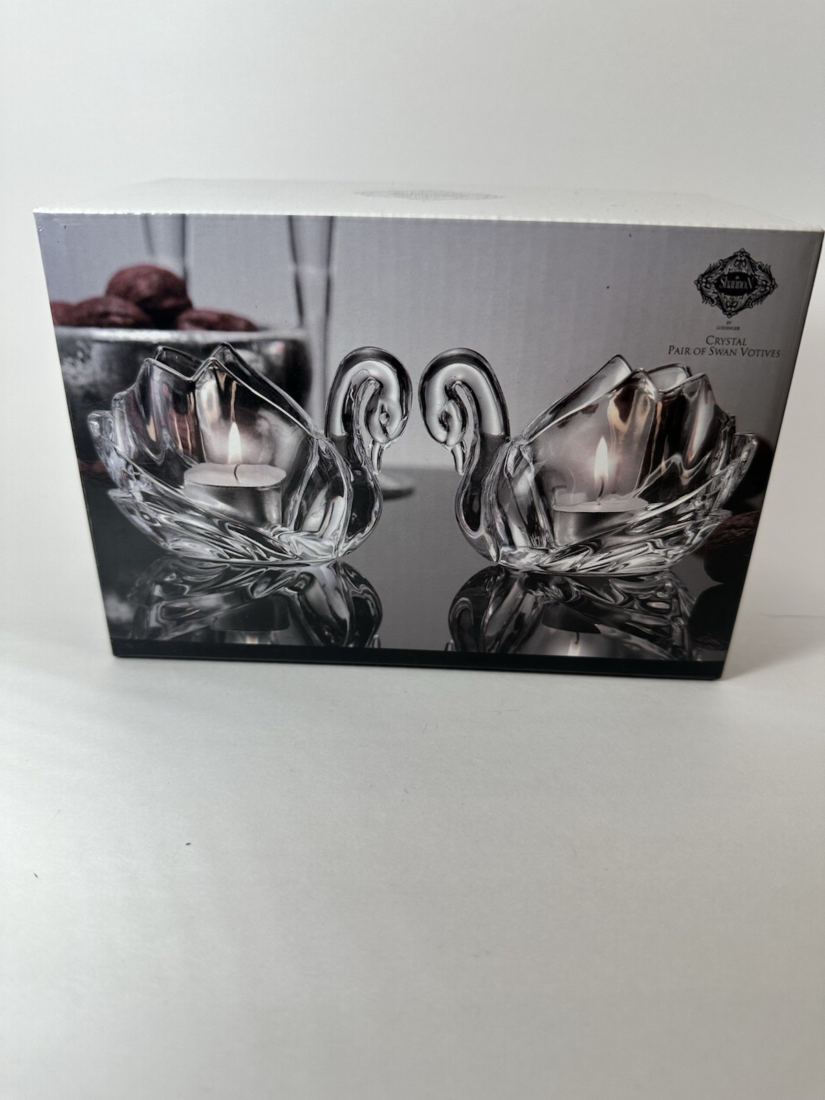 Godinger PAIR OF SWAN VOTIVES Clear Shannon Crystal Tealights Candles 3.5″