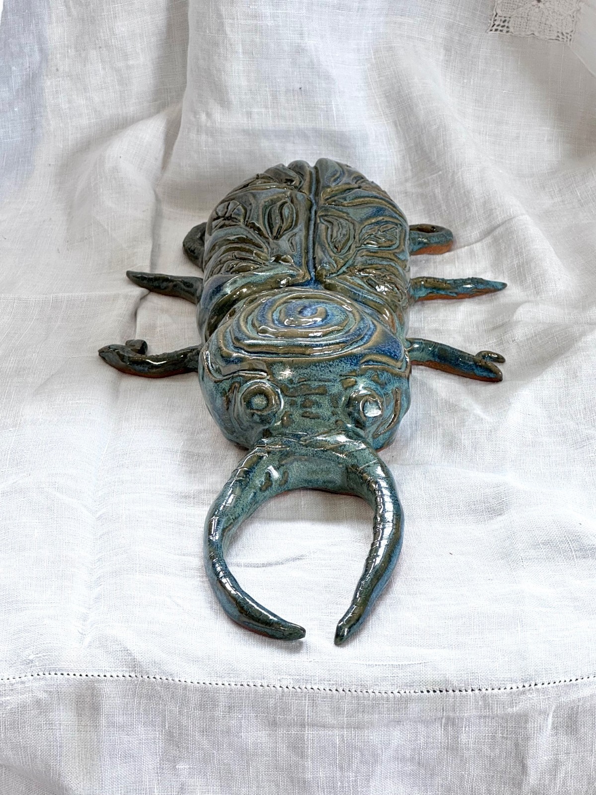 Handmade Artisan Ceramic Pottery Beetle Insect Wall or Table 12.5″ Signed JG