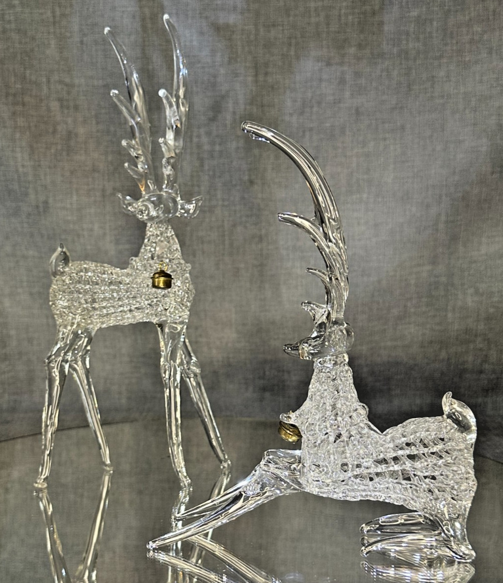 BLOWN Art GLASS Deer Figurine Detailed FineDelicate Glass/Crystal Doe set