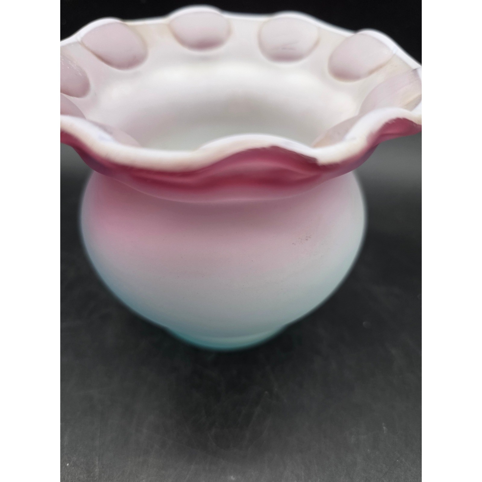 Vintage Murano MOP Burmese Satin Glass Pink White Blue Ruffled Thumbprint Vase