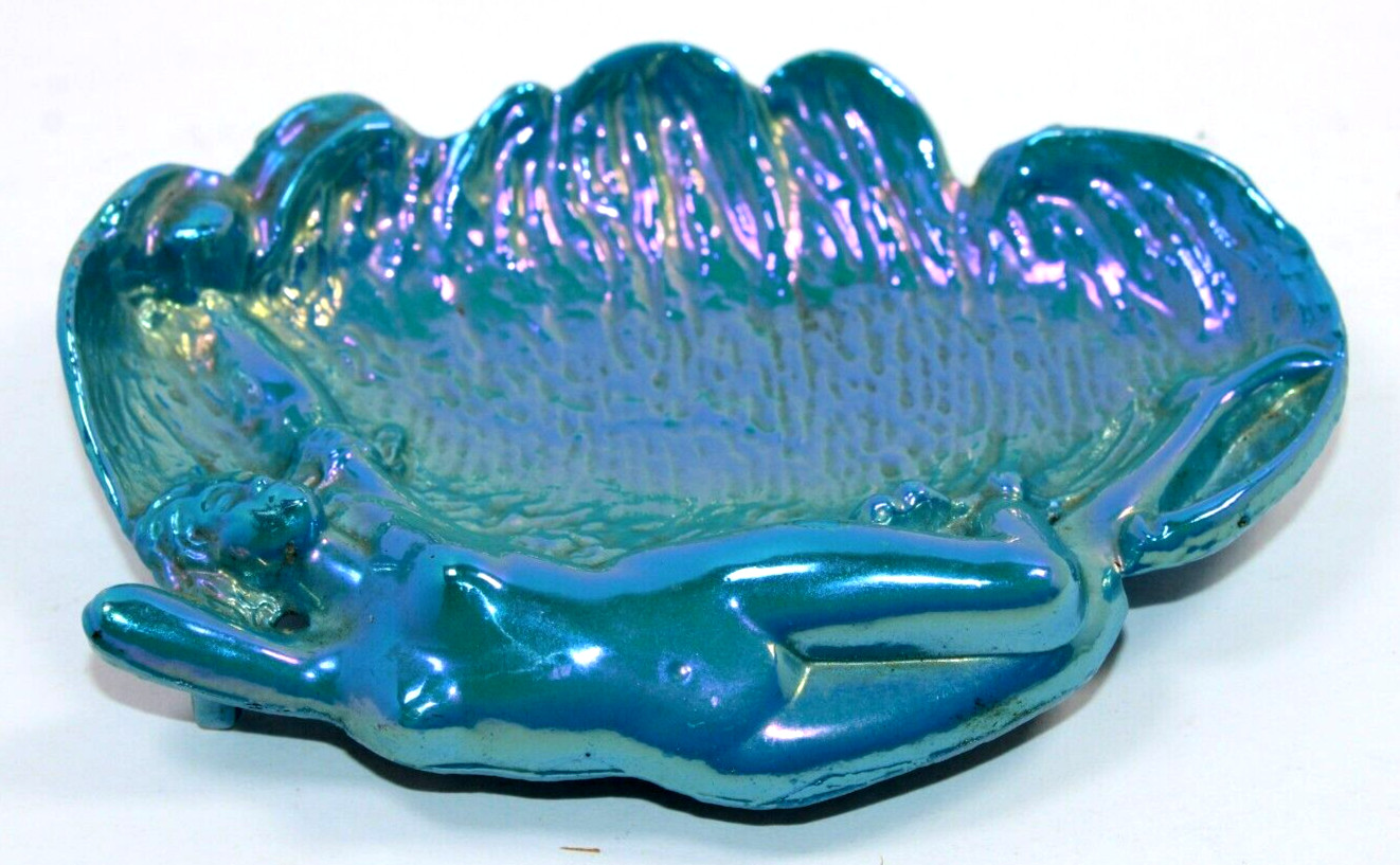 Enameled Metal Pin Tray Trinket Soap Dish Reclining Nude Lady Figure – Teal Blue