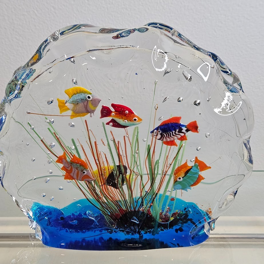 Vintage Murano Blown Glass 6 Fish Aquarium Half Moon Paperweight Art Rare