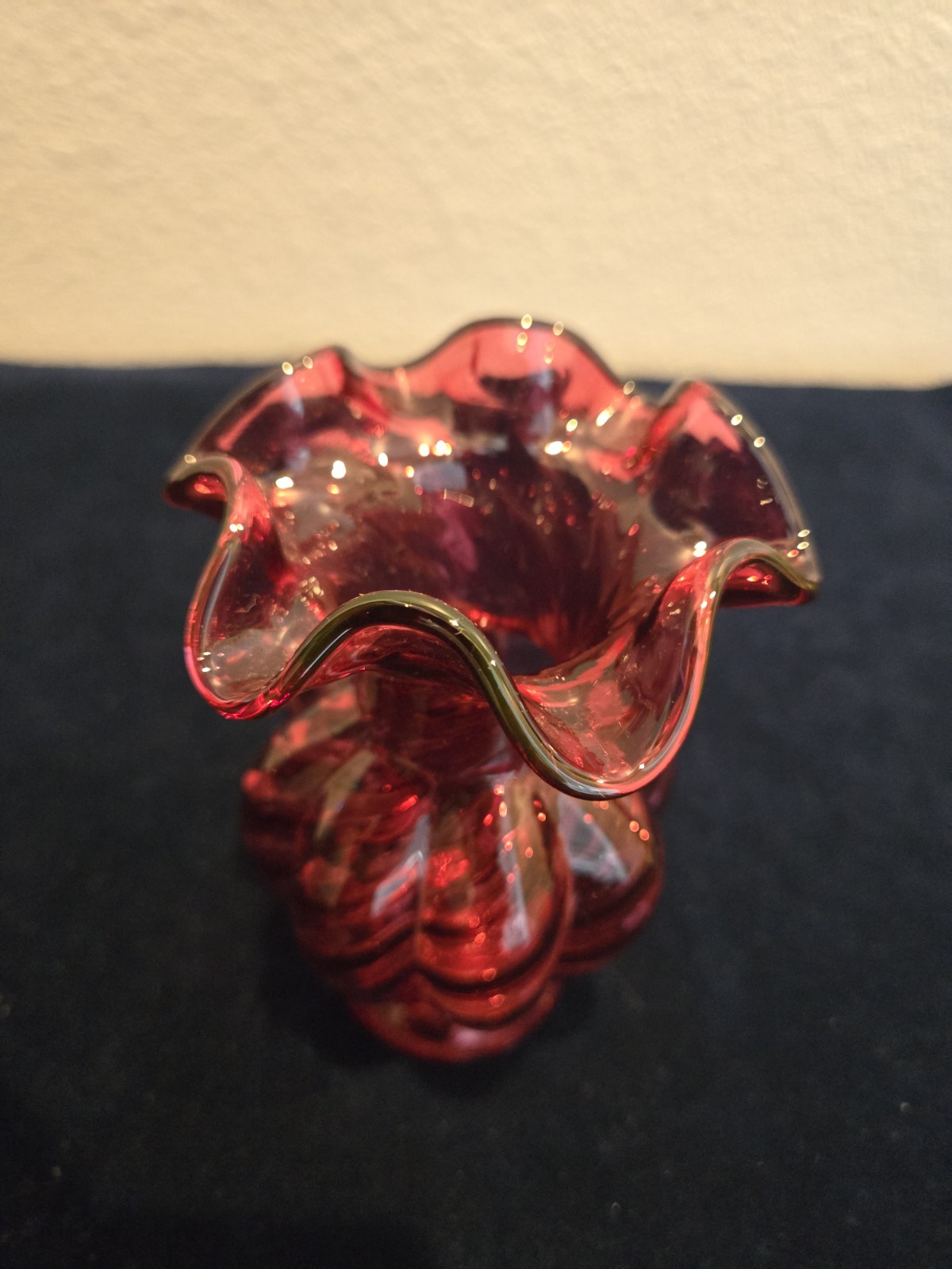 Vintage Fenton Cranberry Scalloped Edge Swirl Vase 5 1/2 Inches Tall