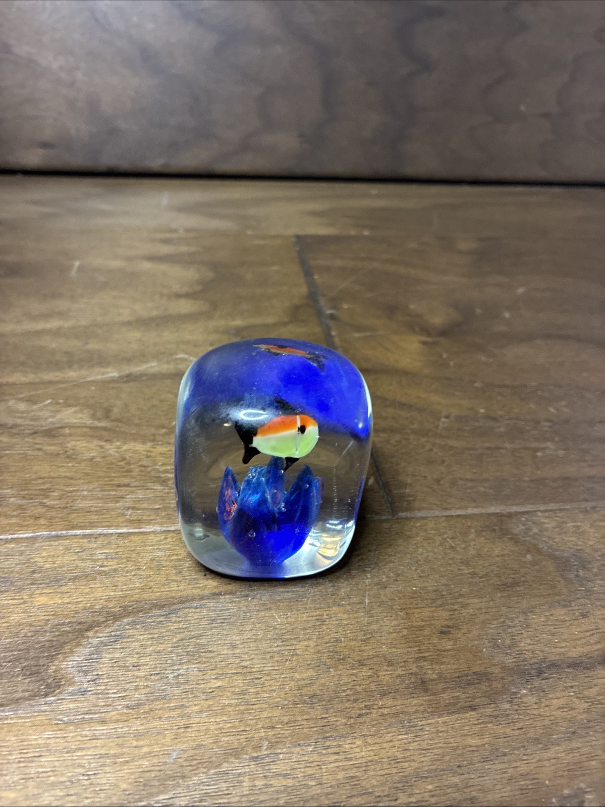 Art Glass 2″ Paperweight Fish Aquarium Scene Seascape Goldfish Blue Orange Ocean