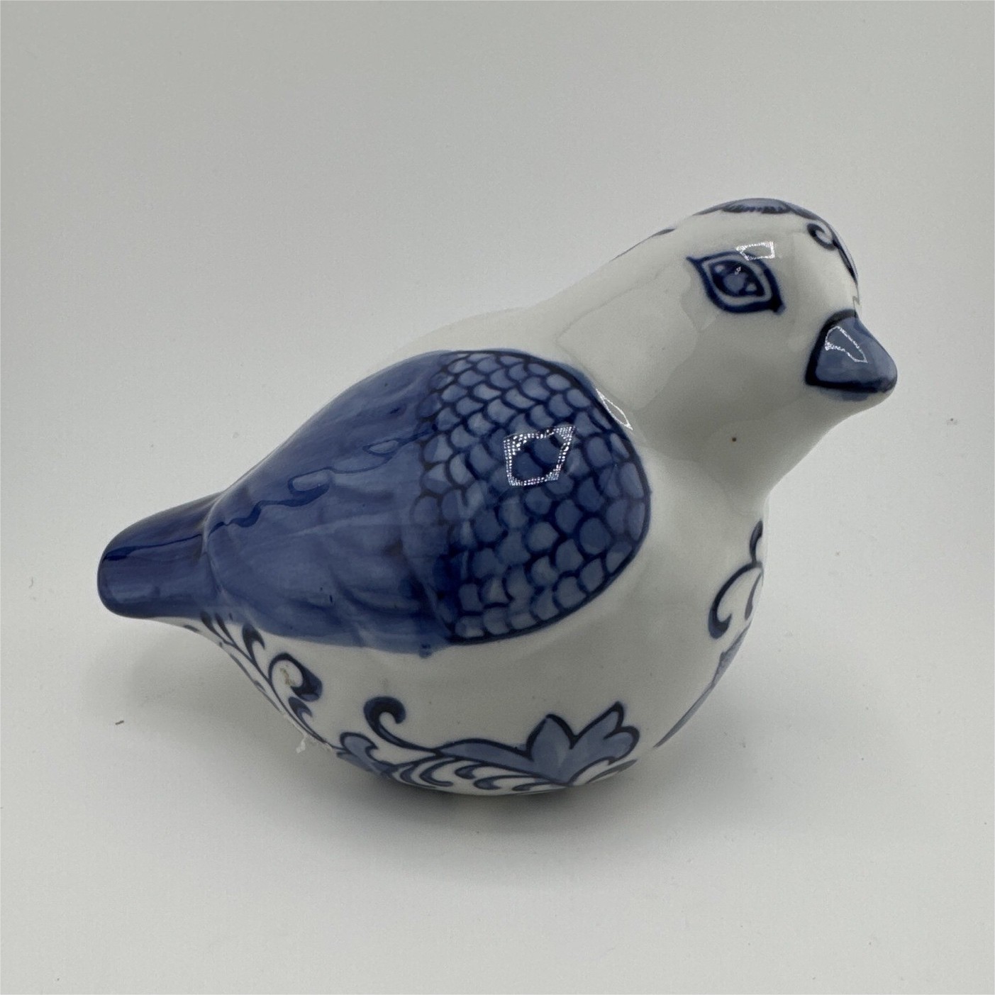 Blue & White Floral Bird Ceramic Figurine, Glossy Finish Decorative Decor
