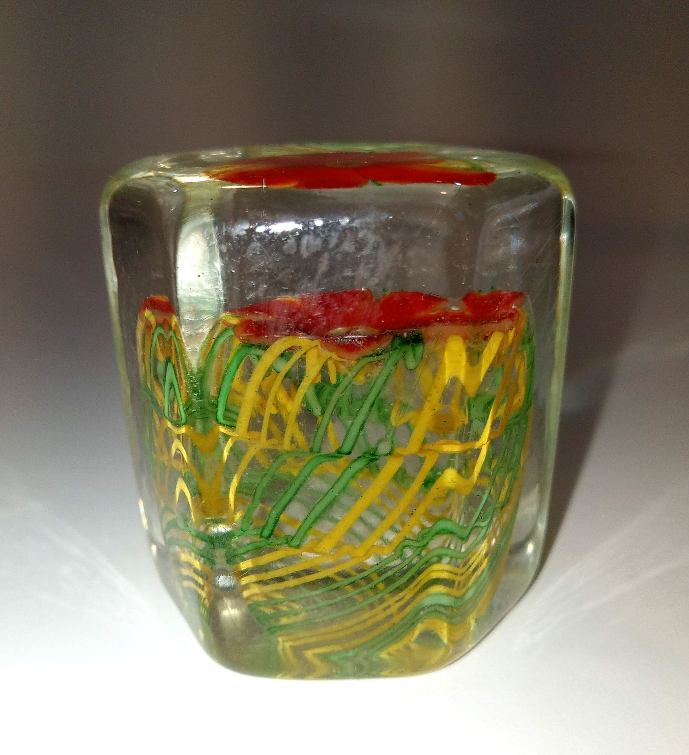 Vtg Art Glass Paperweight Small Octagonal Green Yellow Orange