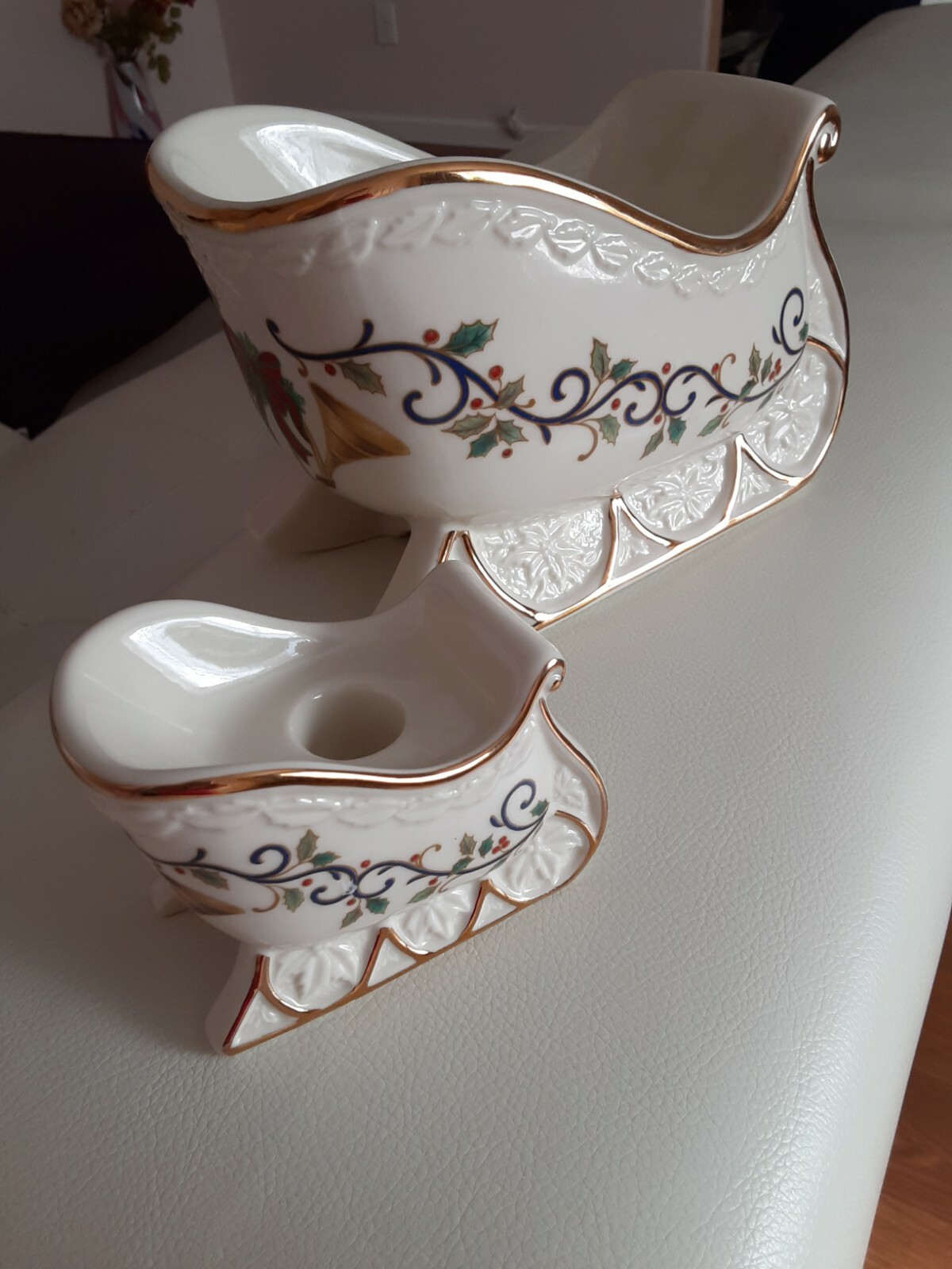 (2)Mikasa Fine China Holly Sleigh Bowl & Candle Holder