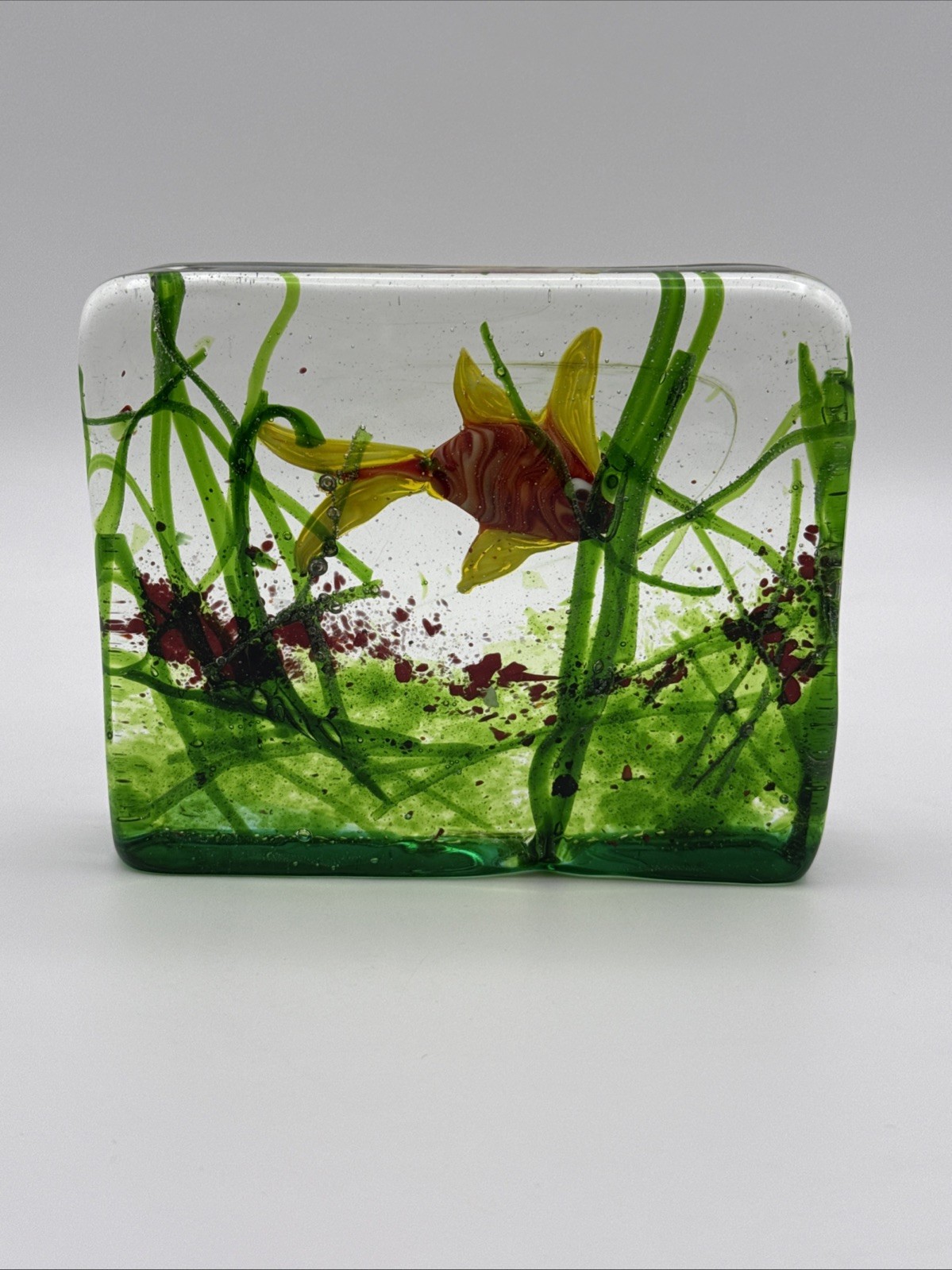 Unsigned Vintage Murano Glass Aquarium Block Barbini Italy Art 5.25” x 4.25”