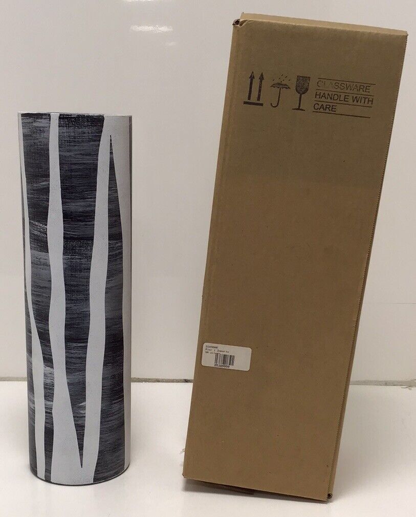 Pier 1 Vase Hand Painted Etched Cylindrical 16″ Tall Black / Grey / White