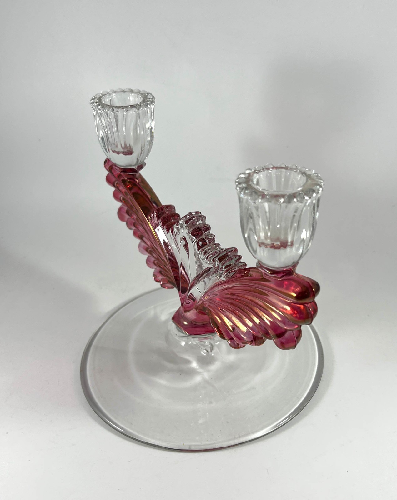 Tiffin Glass Feather Wing Pink Double Arm Candlestick Candle Holder Candelabra