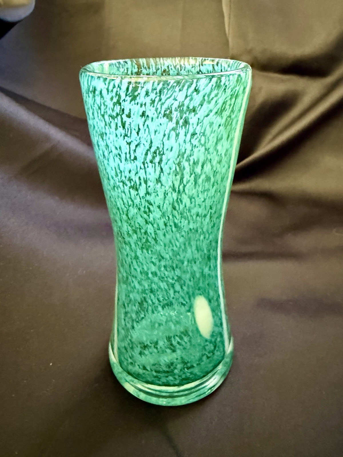 Hand Blown Glass Vase Teal With White Designs – 6 1/4 Inches Tall
