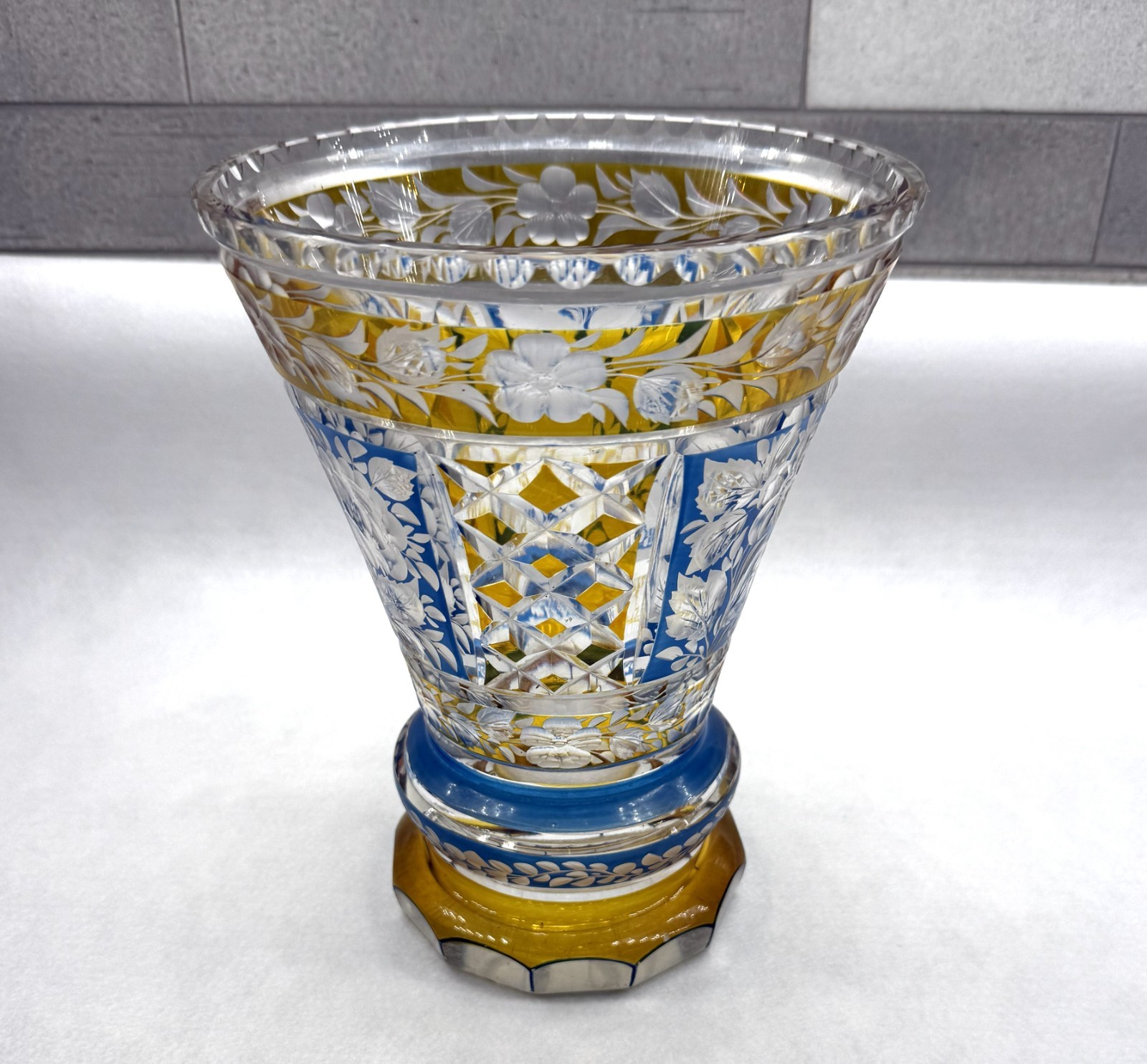 Vintage bohemian Cut To Clear crystal vase Amber Blue Yellow Floral