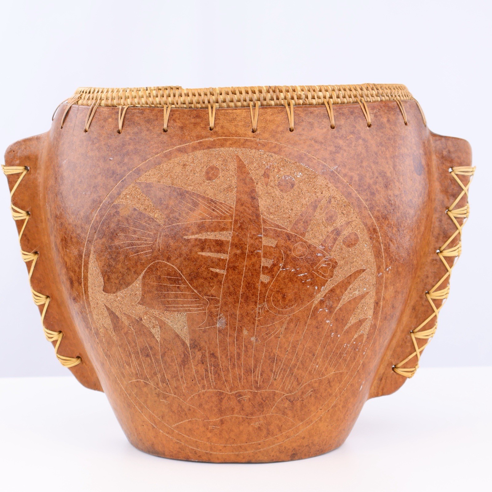 Vintage Indonesian Sasak Pottery Vase Large Lombok Art Clay Fish Detail Rattan