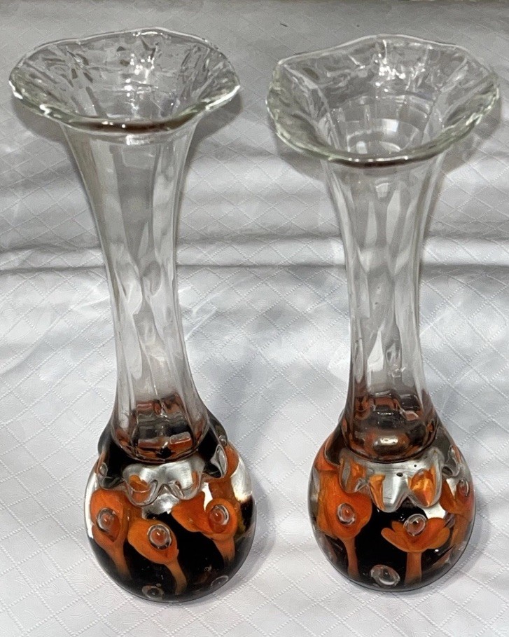 Pair Matching Joe Rice Vtg Art Glass Paperweight Bud Vase Clear Orange Flowers
