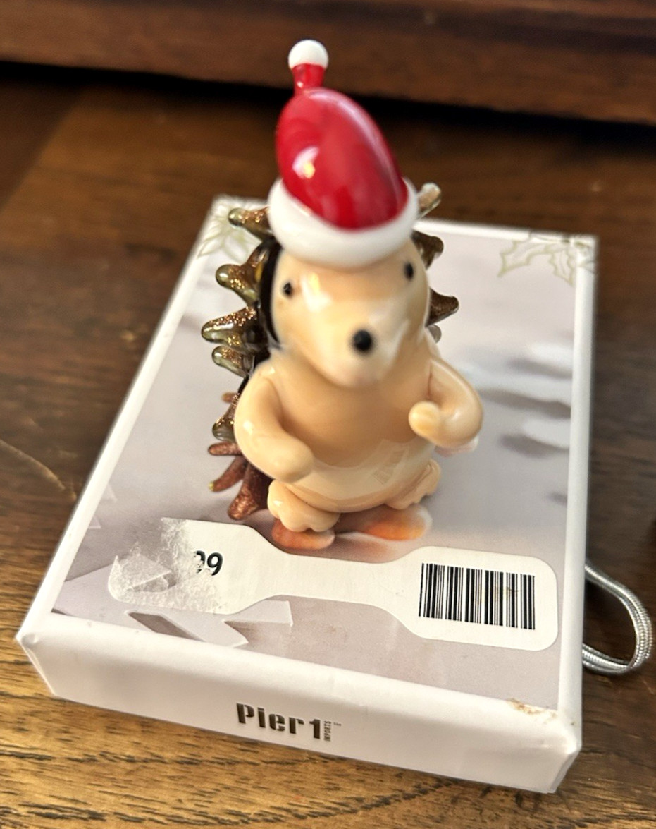 Pier 1 Glass Hedgehog 2″ Herisson Figurine with Santa Hat Holiday Decor