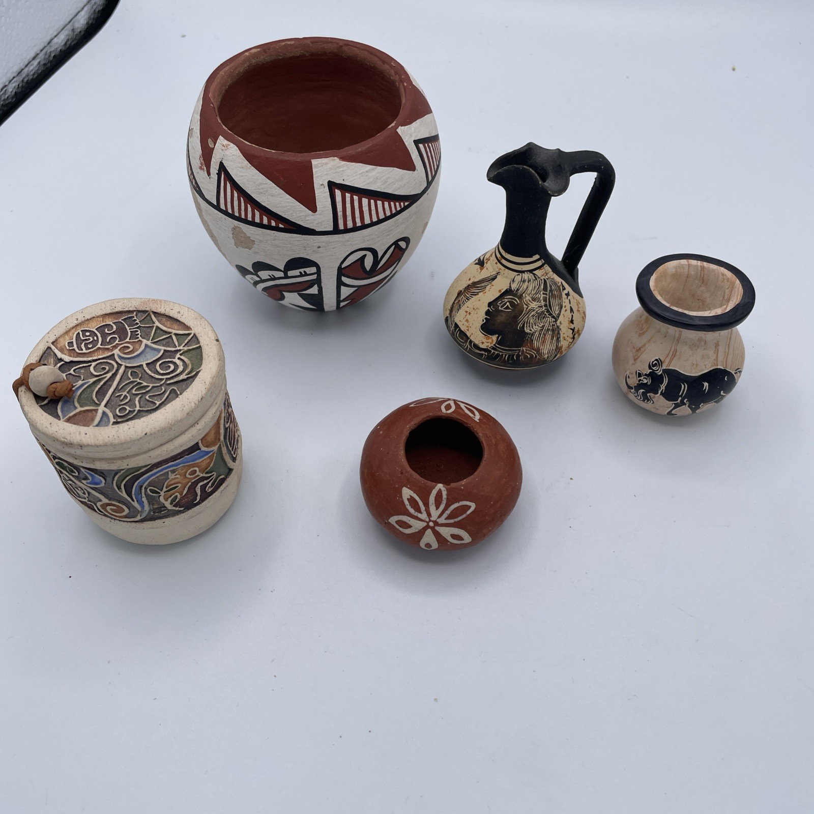 Lot Five some Signed southwestern Pottery Miniatures Jimenez, Bell decorative