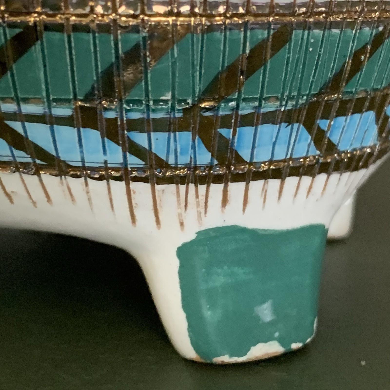 Vintage Bitossi Aldo Londi Rimini Cross Hatched Blue Gold Planter Italy