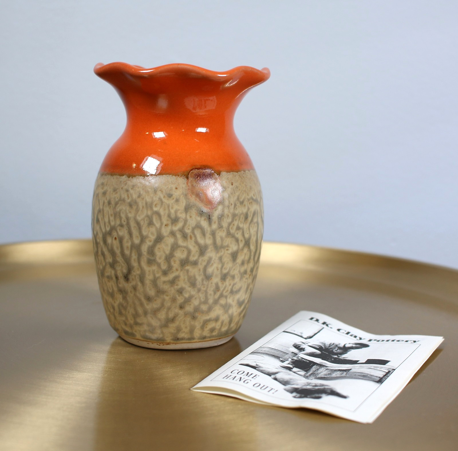 Vintage Wheel Thrown Ruffled Ceramic Vase D.K. Clay Pottery NC Orange Beige 4.5”