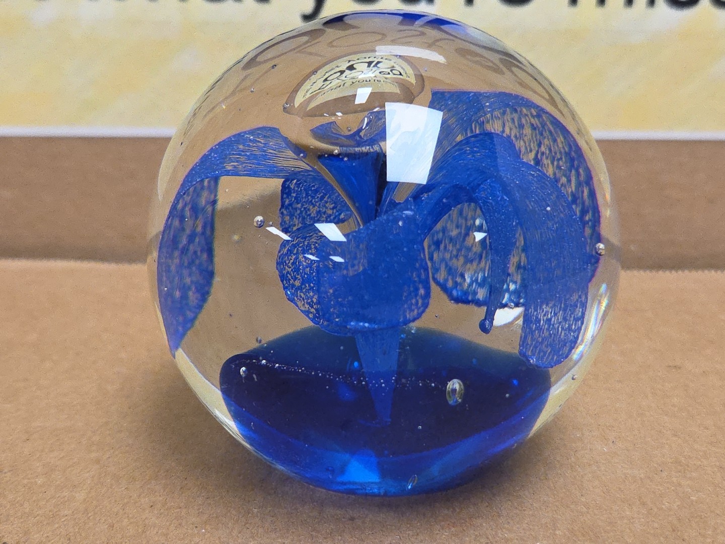 Art Glass Paperweight Clear Round with Cobalt Blue Flower Bloom 2.25”
