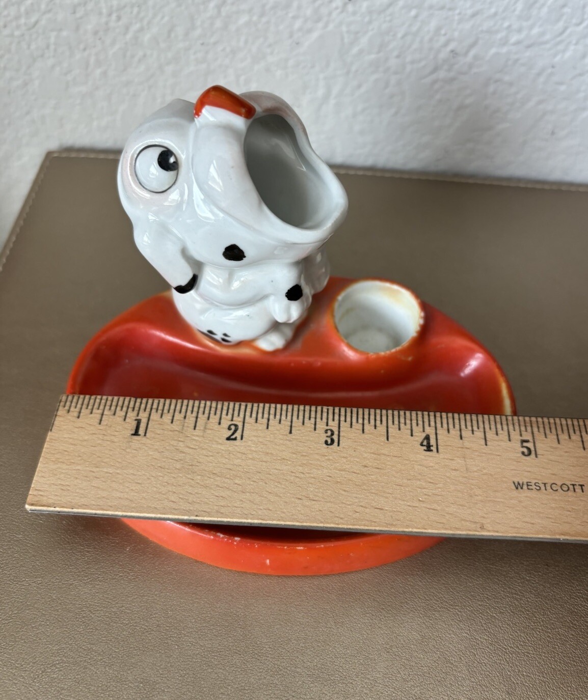 VTG Bonzo Dog Inkwell, Candle or Matches Holder Orange Hand Painted 30s Rare