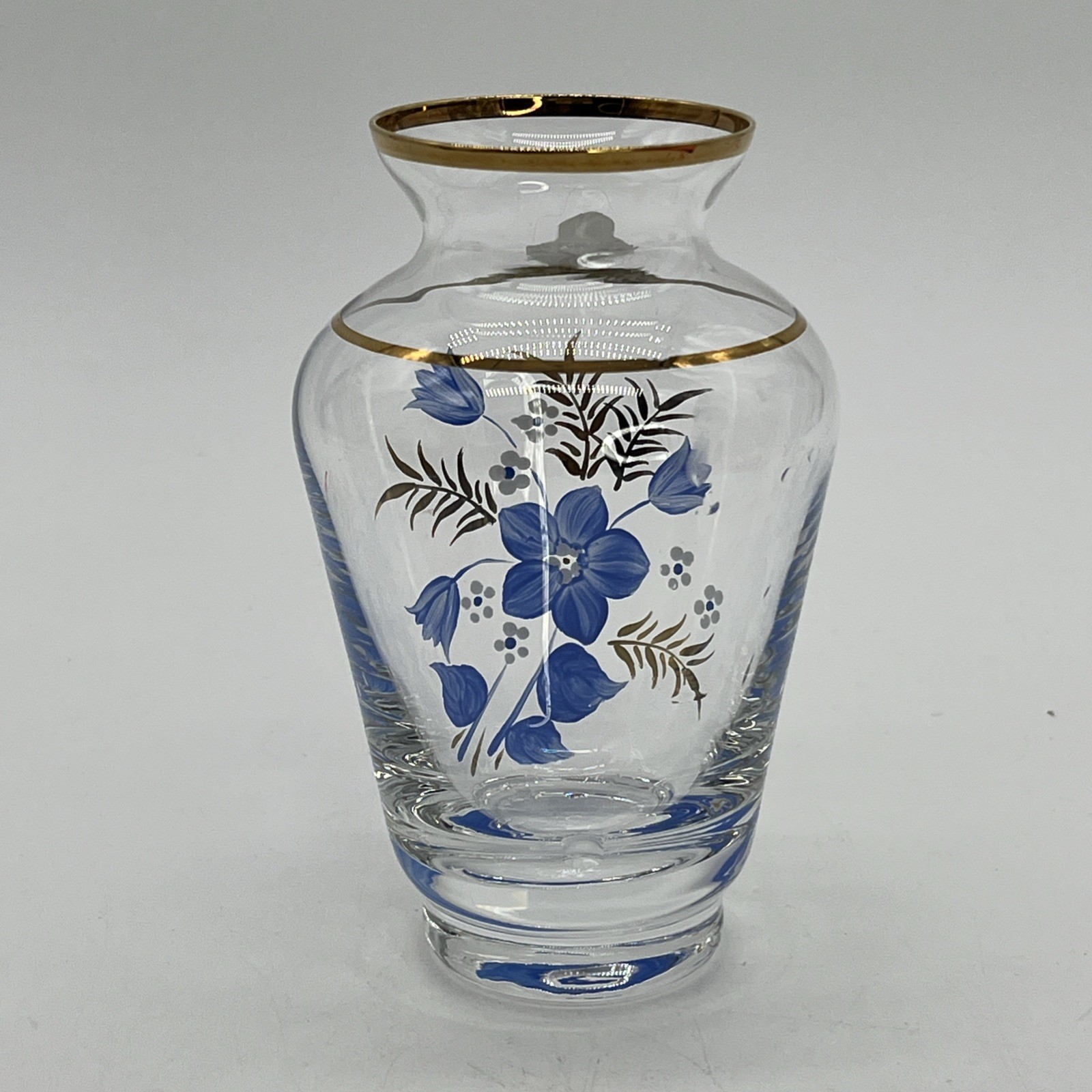 Bohemia Glass Hand Painted Vase 4.75 Inches Blue & White Flowers Gold Trim VTG