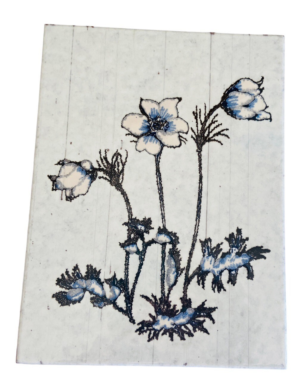 Vintage Italian Handpainted Tile – White Flowers & Blue Leaves Semigres 6″ x 8″