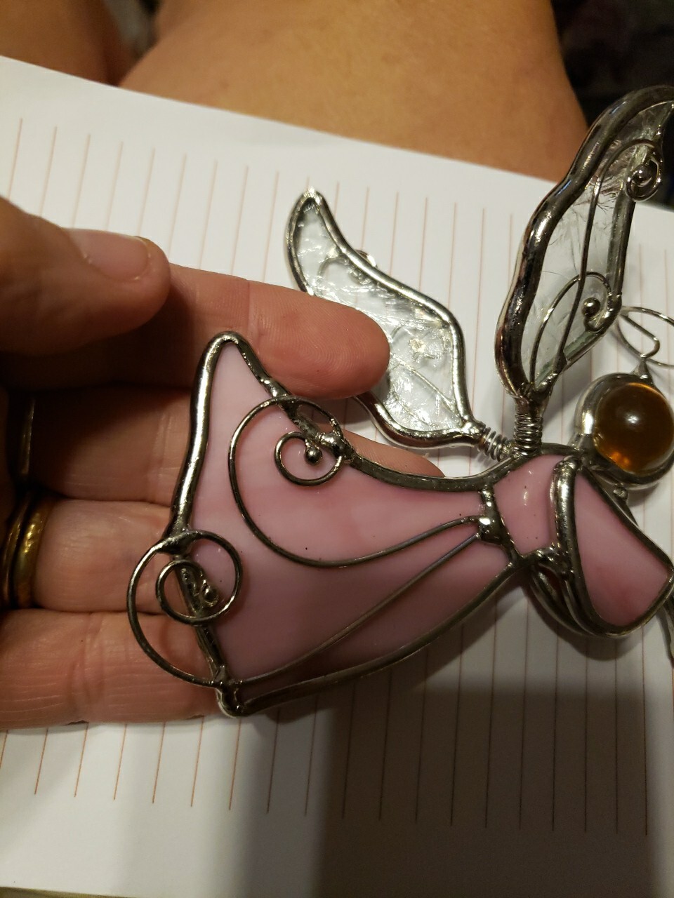 VINTAGE HANGING PINK STAINED GLASS ANGEL SPRINGY WINGS MARBLE HEAD 3D