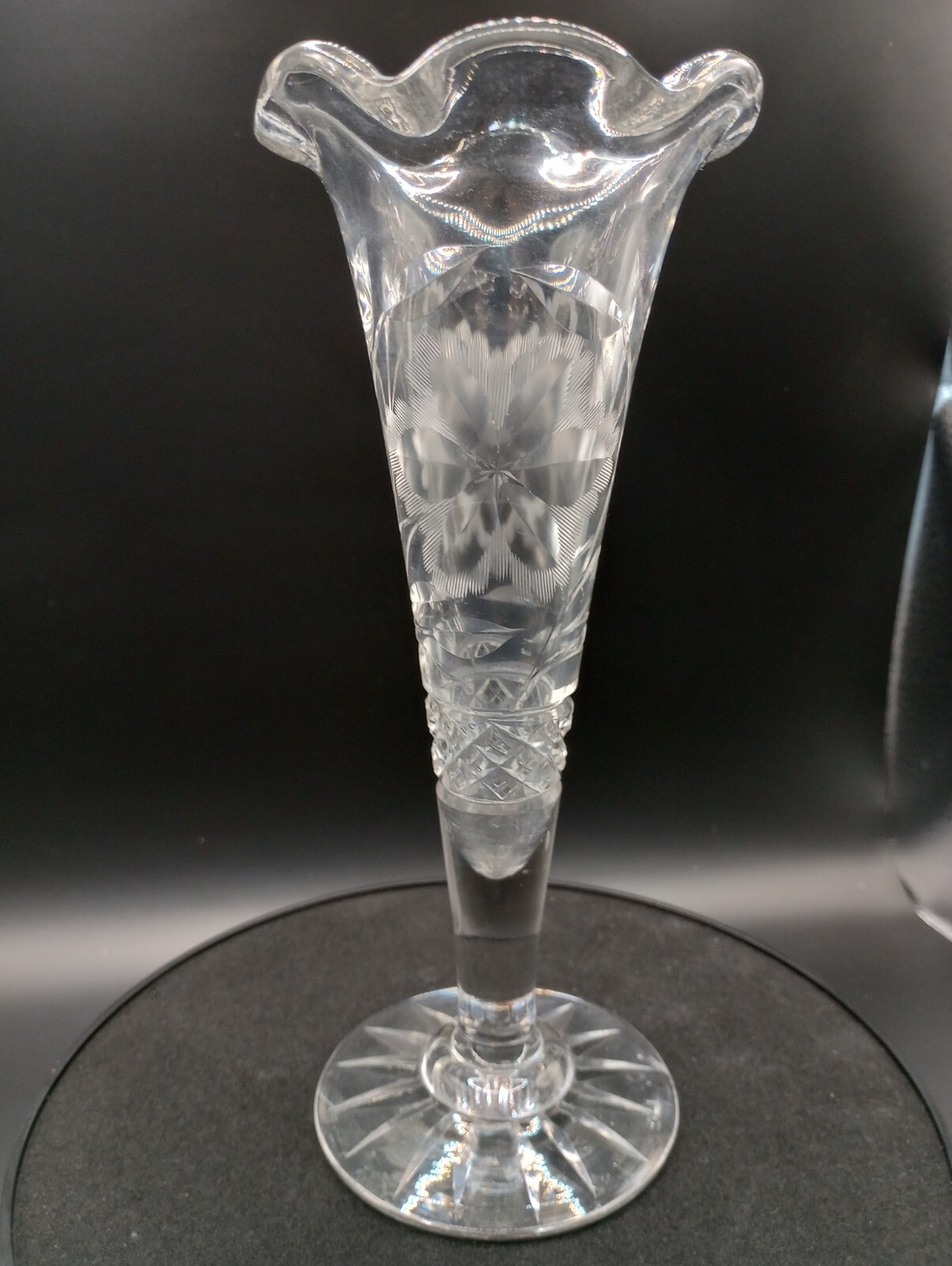 American Floral Period Trumpet Vase Cut Glass Crystal Ruffle Top 20s-30s