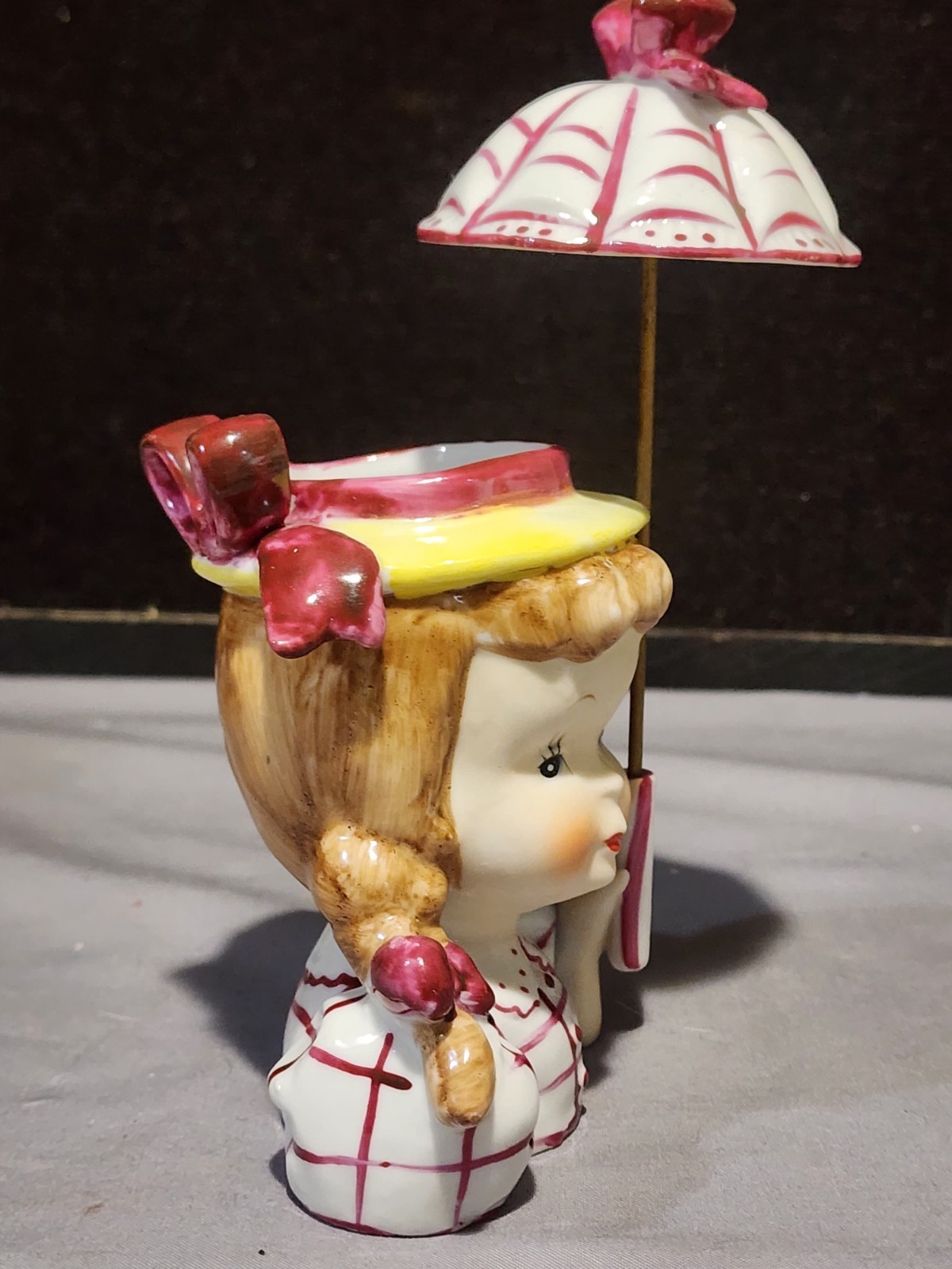 Vintage Japan Umbrella Girl Lady Head Vase Pink Hat Big Curl Pigtails