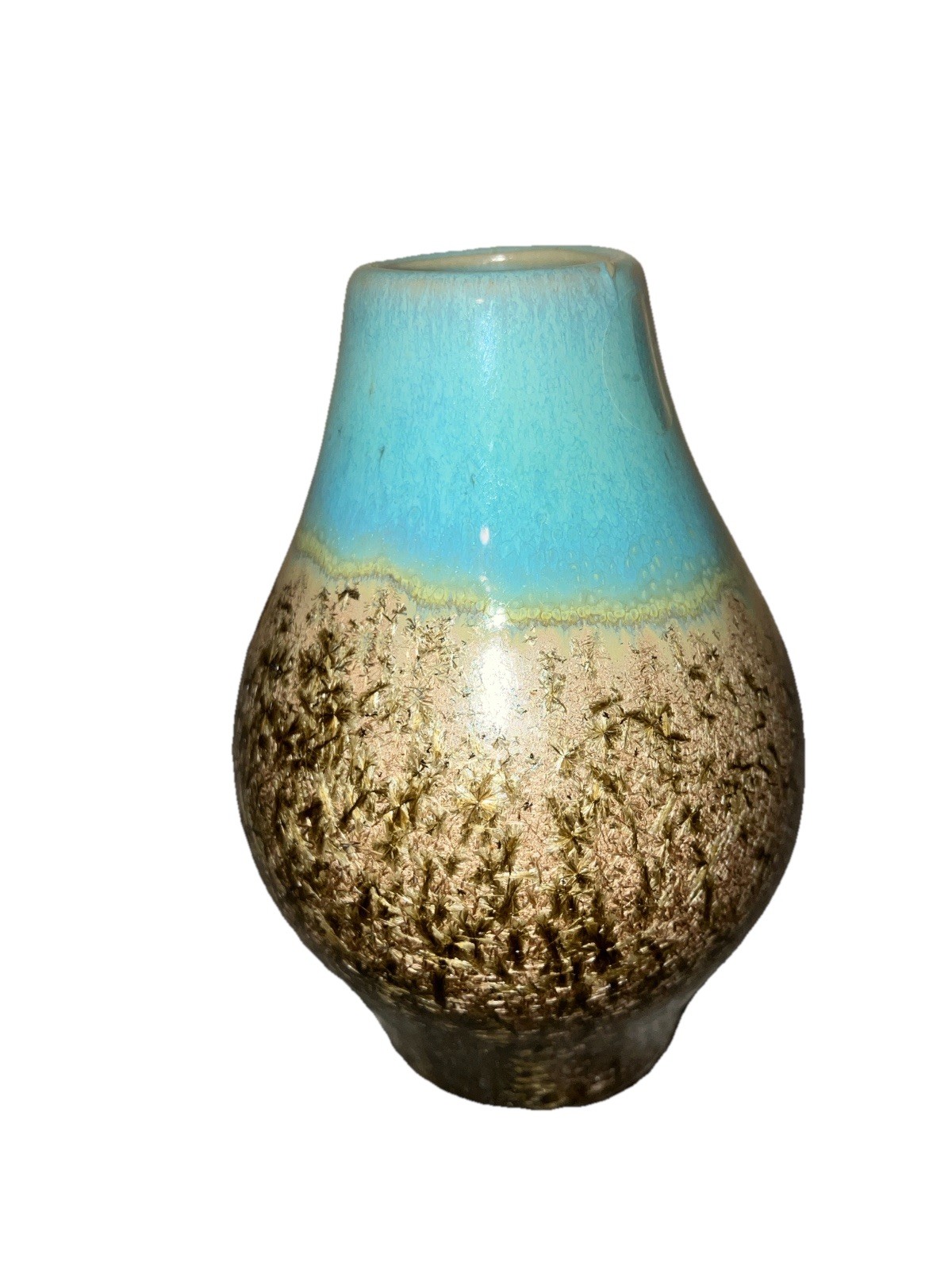 Handmade Art Pottery Small Bud Vase- Aqua Beige Brown 4.5” Tall 1.5” At Mouth