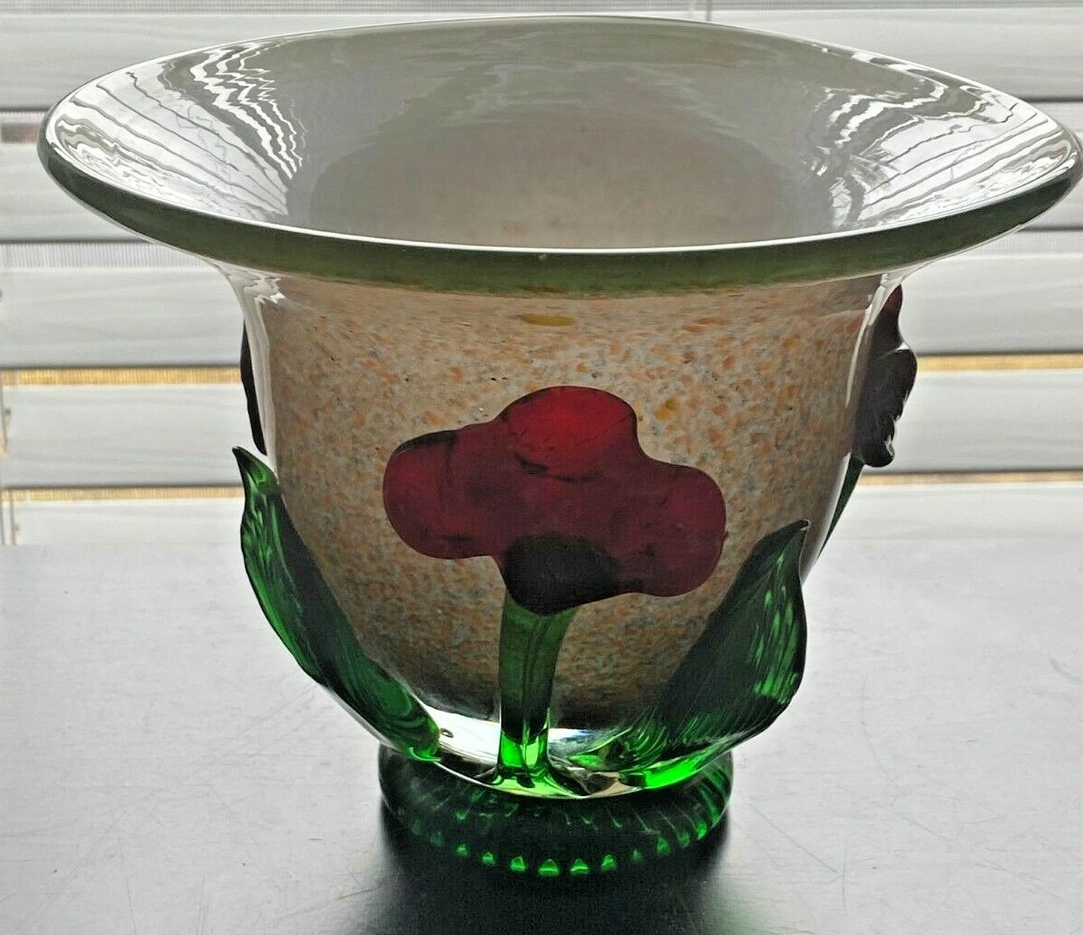Art Glass Abstract Speckled incased Open Vase Hand Blown with attached Flowers